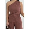 KADIN KETEN ASİMETRİK TEK OMUZLU BLUZ PANTALON TAKIM- BORDO