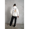 Erkek Oversize Üç İplik Şardonlu Kapüşonlu Sweatshirt – Beyaz “Other Lives” Ön ve Arka Baskılı, Kanguru Cepli, Ribanalı Rahat Kışlık Model Beyaz