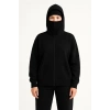 Kadın Samuray Ninja Çift Kapüşonlu Maske Detaylı Fermuarlı Kanguru Cepli Hoodie - Siyah