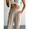 Kadın Yüksel Bel Beli Bağcıklı Rahat Boru Paça Pantalon - Kırık Beyaz