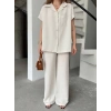 KETEN KISA KOLLU CEPLİ GÖMLEK PANTOLON İKİLİ TAKIM - BEYAZ