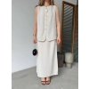 KETEN KOLSUZ SIFIR YAKA İLİK DÜĞMELİ KOLSUZ HIRKA ETEK İKİLİ TAKIM- BEYAZ
