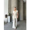 KETEN SIFIR KOL KUŞAKLI CEKET PANTOLON İKİLİ TAKIM - BEYAZ