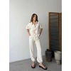KETEN TAM FERMUARLI KISA KOLLU GÖMLEK PANTOLON İKİLİ TAKIM - BEYAZ