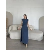 KETEN YANDAN YIRTMAÇLI UZUN ELBİSE SIFIR KOL ELBİSE - MAVİ
