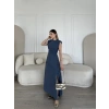 KETEN YANDAN YIRTMAÇLI UZUN ELBİSE SIFIR KOL ELBİSE - MAVİ
