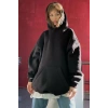 Koyu Siyah Kapüşonlu Şardonlu Oversize Sweatshirt MG1566