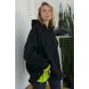 Koyu Siyah Kapüşonlu Şardonlu Oversize Sweatshirt MG1566