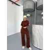 Osy Modal Yumuşak Dokulu Kumaş Kısa Kollu Bluz Rahat Pantalon ikili Takım- Kahverengi