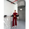OSY MODAL YUMUŞAK DOKULU KUMAŞ KISA KOLLU CROP ALT İSPANYOL PAÇA PANTALON İKİLİ TAKIM - BORDO