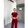 OSY MODAL YUMUŞAK DOKULU KUMAŞ KISA KOLLU CROP ALT İSPANYOL PAÇA PANTALON İKİLİ TAKIM - BORDO