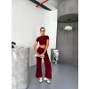 OSY MODAL YUMUŞAK DOKULU KUMAŞ KISA KOLLU CROP ALT İSPANYOL PAÇA PANTALON İKİLİ TAKIM - BORDO