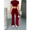 OSY MODAL YUMUŞAK DOKULU KUMAŞ KISA KOLLU CROP ALT İSPANYOL PAÇA PANTALON İKİLİ TAKIM - BORDO