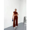 OSY MODAL YUMUŞAK DOKULU KUMAŞ KISA KOLLU CROP ALT İSPANYOL PAÇA PANTALON İKİLİ TAKIM - KAHVERENGİ