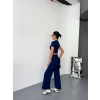 OSY MODAL YUMUŞAK DOKULU KUMAŞ KISA KOLLU CROP ALT İSPANYOL PAÇA PANTALON İKİLİ TAKIM - LACİVERT