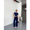OSY MODAL YUMUŞAK DOKULU KUMAŞ KISA KOLLU CROP ALT İSPANYOL PAÇA PANTALON İKİLİ TAKIM - LACİVERT