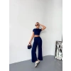 OSY MODAL YUMUŞAK DOKULU KUMAŞ KISA KOLLU CROP ALT İSPANYOL PAÇA PANTALON İKİLİ TAKIM - LACİVERT