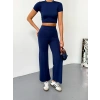 OSY MODAL YUMUŞAK DOKULU KUMAŞ KISA KOLLU CROP ALT İSPANYOL PAÇA PANTALON İKİLİ TAKIM - LACİVERT