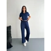 OSY MODAL YUMUŞAK DOKULU KUMAŞ KISA KOLLU YAKALI T-SHİRT PANTALON İKİLİ TAKIM- LACİVERT