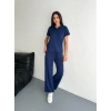 OSY MODAL YUMUŞAK DOKULU KUMAŞ KISA KOLLU YAKALI T-SHİRT PANTALON İKİLİ TAKIM- LACİVERT