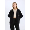 Oversize Geniş Kalıp Kapüşonlu Cepli Basic Düz Fermuarlı Sweatshirt