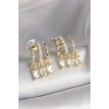 Pirinç Gold Renk İnci Detay Sallantı Zirkon Taşlı Kadın Küpe