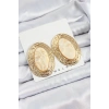Pirinç Mermer Desenlli Bej Sedef Oval Vintage Model Gold Renk Kadın Küpe