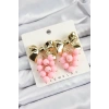 Pirinç Sallantılı Pembe Boncuklu Fiyonk Vintage Model Gold Renk Kadın Küpe