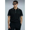 Polyemid Premium Kalite Erkek Kısa Kollu Yarım Fermuar Detaylı Triko Tişört Siyah