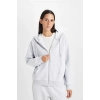 Relax Fit Kapüşonlu Cepli Basic Düz Fermuarlı Sweatshirt
