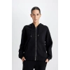 Relax Fit Kapüşonlu Cepli Basic Düz Fermuarlı Sweatshirt