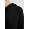 Relax Fit Kapüşonlu Kanguru Cepli Kalın Basic Düz Siyah Sweatshirt