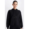 Relax Fit Kapüşonlu Kanguru Cepli Siyah Kadın Sweatshirt