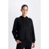 Relax Fit Kapüşonlu Kanguru Cepli Siyah Kadın Sweatshirt