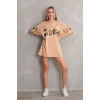 UNİSEX BİSİKLET YAKA BASKILI OVERSİZE T-SHİRT - BEJ