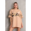 UNİSEX BİSİKLET YAKA BASKILI OVERSİZE T-SHİRT - BEJ