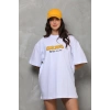UNİSEX BİSİKLET YAKA BASKILI OVERSİZE T-SHİRT - BEYAZ
