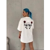 UNİSEX BİSİKLET YAKA BASKILI OVERSİZE T-SHİRT - BEYAZ