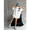 Unisex Bisiklet Yaka Baskılı Oversize T-Shirt - Beyaz
