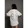 Unisex Bisiklet Yaka Baskılı Oversize T-Shirt - Beyaz