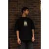 Unisex Bisiklet Yaka Baskılı Oversize T-Shirt - Siyah