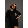 Unisex Bisiklet Yaka Baskılı Oversize T-Shirt - Siyah