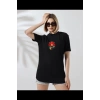 UNİSEX KADIN BİSİKLET YAKA BASKILI T-SHİRT - SİYAH