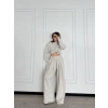 UZUN KOLLU ÖNÜ İP BÜZGÜLÜ CROP VE PANTOLON İKİLİ TAKIM - GRİ