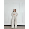 UZUN KOLLU ÖNÜ İP BÜZGÜLÜ CROP VE PANTOLON İKİLİ TAKIM - GRİ