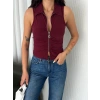 Yakalı Tam Fermuarlı Kolsuz Bluz - Bordo