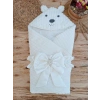 Yenidoğan Beyaz Wool Yün Kumaş Ayıcık Kulaklı Kundak Bebek Battaniyesi Beyaz