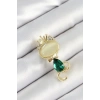 Yeşil Damla Zirkon Taşlı Kraliçe Taçlı Kedi Figürlü Gold Renk Kadın Broş