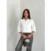 Z Krep Kadın Crop Yakalı Gömlek İlik Düğmeli Üç Çeyrek Sleeve Kol - Beyaz