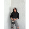 Z Krep Kadın Crop Yakalı Gömlek İlik Düğmeli Üç Çeyrek Sleeve Kol - Siyah